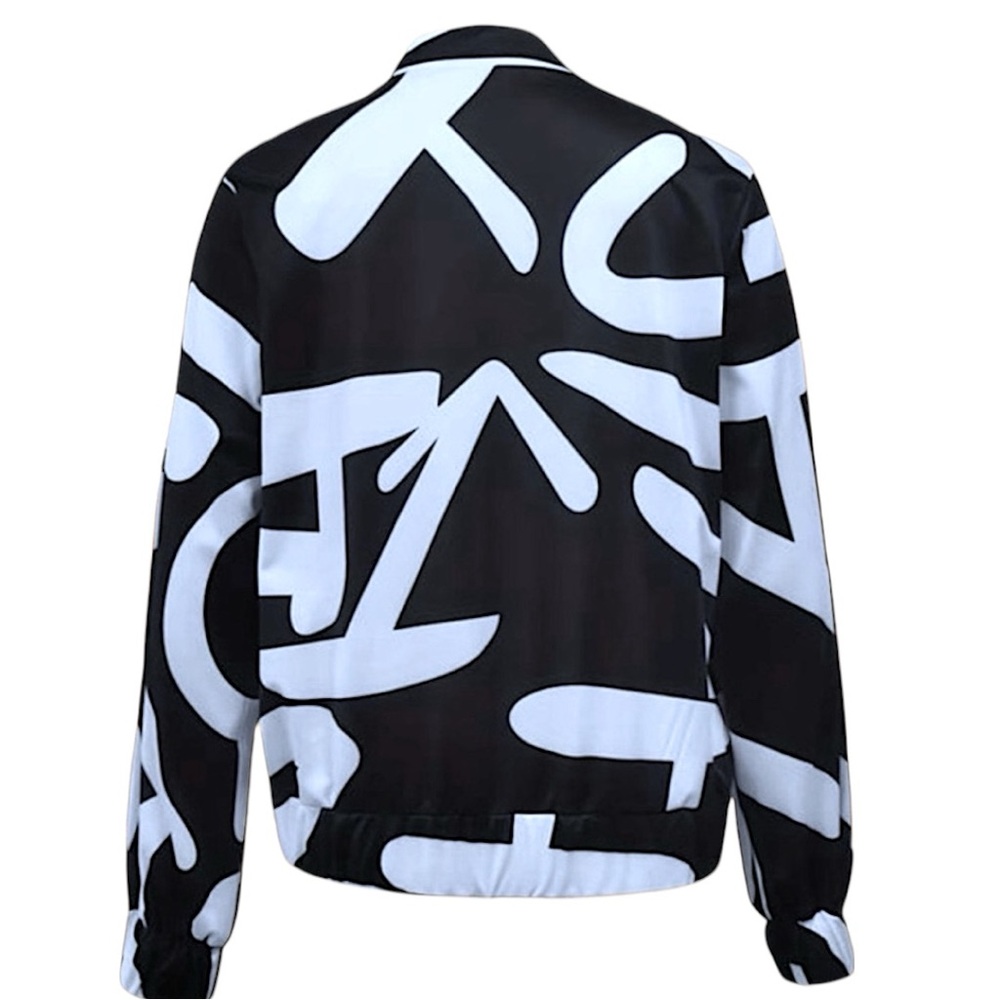 New Black & White Abstract Print Zip-Up Bomber Jacket - Picture 14 of 16
